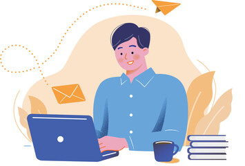 A man sending an email with a smile