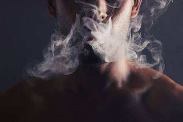 Smoke, cloud and face of man with pollution for marijuana smoker health campaign with zoom....