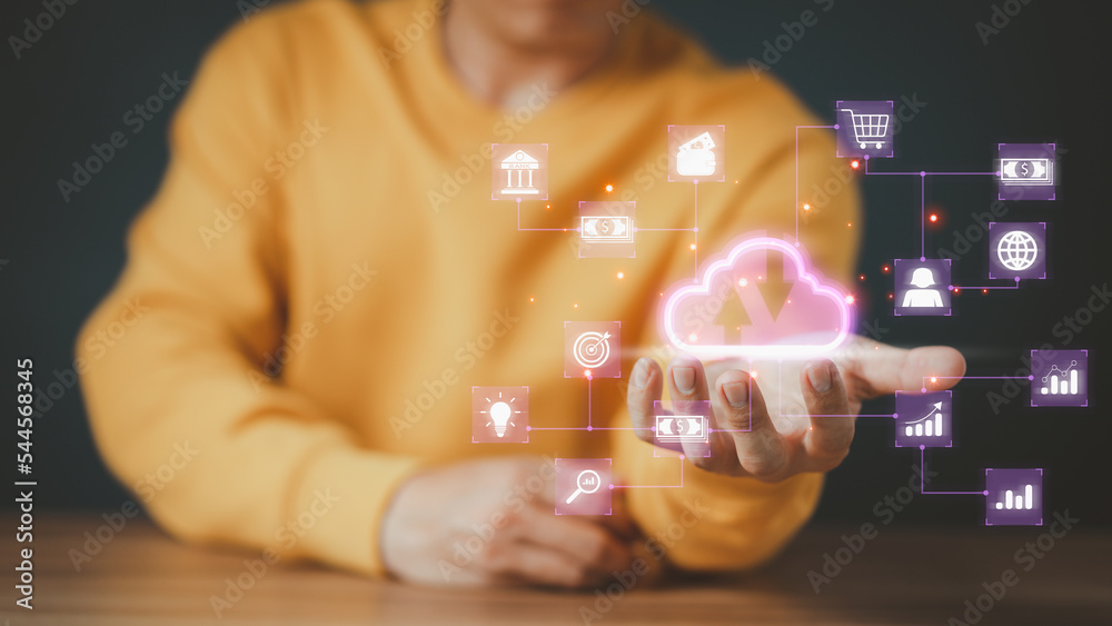 Poster Businessman working at cloud data icon, cloud computing diagram show on hand. Cloud technology. Data storage. Networking and internet service concept.