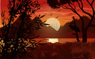  Lake mountains sunset landscape illustration wild natural background .sunset landscape panorama vector