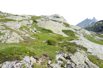 Isolated cutout mountains in the Alps in summer on a white background