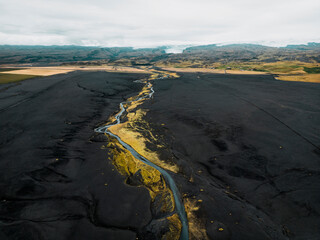 Aerial view of the black sand beach of Selheimasandur 