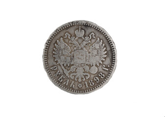 Old silver Russian coin one ruble on white background isolated