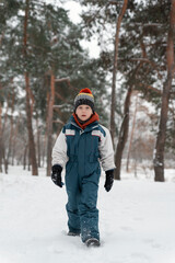 Fototapeta na wymiar Funny child stands in snowy forest and looking at the camera. Boy stands against of beautiful winter landscape