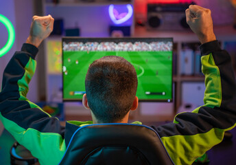 Young man watching sport on tv at home celebrating screaming cheerful soccer game.