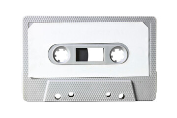 Isolated old vintage cassette tape from the 1980s (obsolete music technology). Grey hexagon grid...
