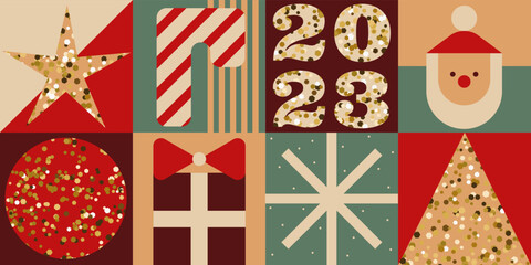 Obraz premium Simple Christmas geometric background in retro colors. Xmas minimalist banner with Christmas tree, Santa Claus, ornaments and patterns. New year backdrop vector design template
