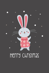 Vector New Year card. Cute hare in a New Year sleeveless jacket. Bunny under the snow. The inscription Merry Christmas 