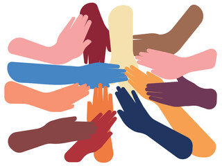 Hands of different colours representing friendship between different cultures and entities. Hands that which stretch towards each other. Colourful illustration on a white background. Vector.