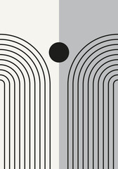 Abstract geometric minimalist artwork. Mid century modern and Bauhaus inspired retro poster with an arch and circle. Modern trendy black and white wall art with simple shapes.