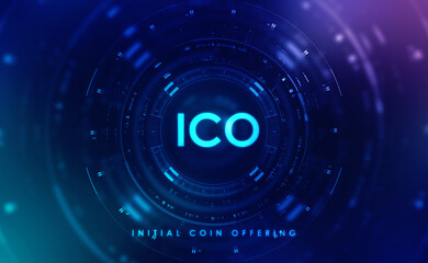 ICO initial coin offering futuristic hud background with world map and blockchain peer to peer network. Global cryptocurrency ICO coin sale event - blockchain business banner concept.