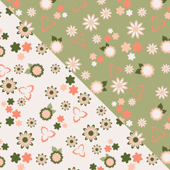 Small floral seamless vector pattern in two colorways. Ditsy leaves and flowers in repeat. Floral pattern for kids fabric, girl room wallpaper and giftware. Tossed floral print.