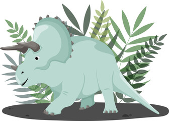 Dinosaur Triceratops on a background of plants, flat style, on a white background