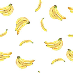 Seamless pattern of watercolor bananas on white background