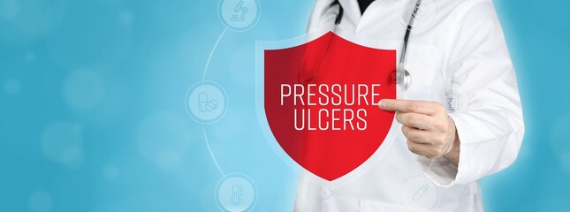Pressure ulcers (bedsores). Doctor holding red shield protection symbol surrounded by icons in a circle. Medical word