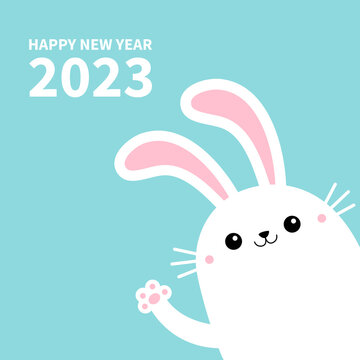 The year of the rabbit. Happy Chinese New Year 2023. Bunny in the corner waving paw print hands. Cute kawaii cartoon funny smiling baby character. White animal. Blue background. Flat design