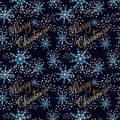 Fototapeta na wymiar Merry Christmas Winter New Year dark pattern with snowflakes and inscription.