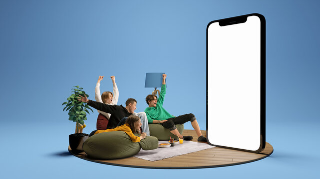 Astonished Young People, Emotional Friends Watching Football Match, Sport Show Or Movie Together. Youth Sitting On Sofa In Front Of Huge 3D Model Of Phone Screen