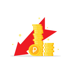 golden russian ruble coins stack and down arrow. Flat vector icon isolated on white. Economy, finance, money symbol. Currency pictogram. decrease, fall symbol.