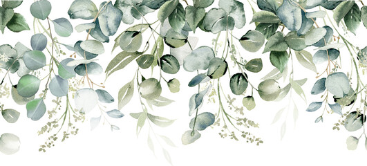 Eucalyptus leaves seamless border. Watercolor floral illustration. Greenery and jasmine flower for wedding invitation, greeting cards, decoration, stationery design. Isolated on transparent background © Nataliya Kunitsyna