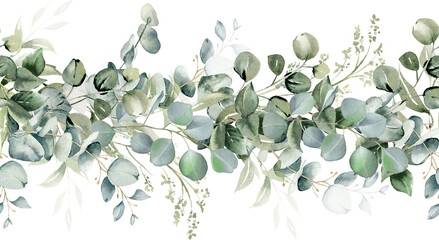 Eucalyptus leaves seamless border. Watercolor floral illustration. Greenery and jasmine flower for wedding invitation, greeting cards, decoration, stationery design. Isolated on transparent background - obrazy, fototapety, plakaty
