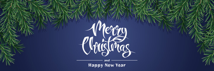 Christmas background with fir branches. Horizontal banner with festive elements. Great for ads, flyers, backgrounds and more. Vector winter background