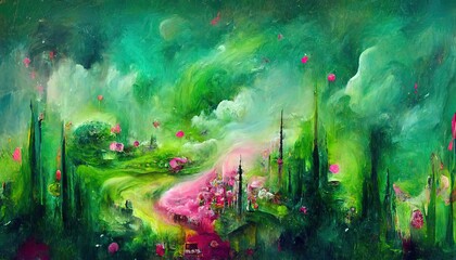 Abstract oil painting green and pink as background wallpaper