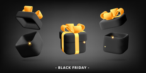 Set of 3d vector flying black square closed and opened gift box with yellow gold ribbon bow plastic cartoon render icon design