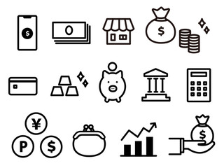 お金や経済、ポイントのアイコンイラスト素材セット　線画のみ