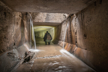 Man in a square concrete drainage tunnel with a light from above.