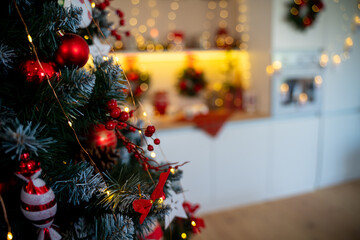 Christmas Tree with Decoration On A Winter Background With Bright Lights