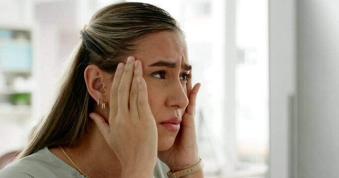 Woman, stress headache and frustrated reading on pc for computer 404 glitch in workplace office. Young tired girl, overworked business employee and work burnout or mental health risk at company desk