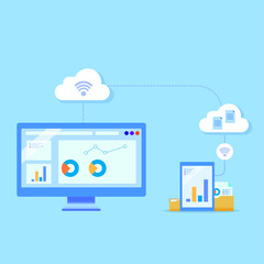 Cloud and internet connectivity. Internet technology and communication concept. Internet of things flat illustration. Computer and a tablet.