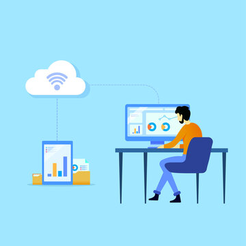 Cloud and internet connectivity. Internet technology and communication concept. Internet of things flat illustration. Person working on a computer and tablet.
