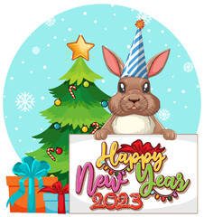 Happy New Year text with cute rabbit for banner design