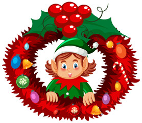 Fototapeta premium Elf Christmas wreath in cartoon style