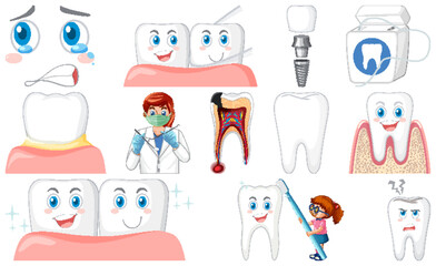 Set tandheelkundige apparatuur en stripfiguren