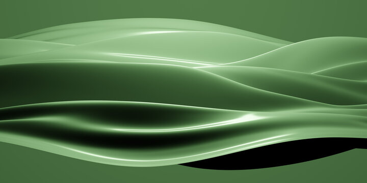 Abstract water like floating curvy 3D waveform object, fluid motion background, green ocean ripples or waves wallpaper