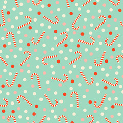 Pastel Christmas candy canes and confetti seamless pattern on light blue background.
