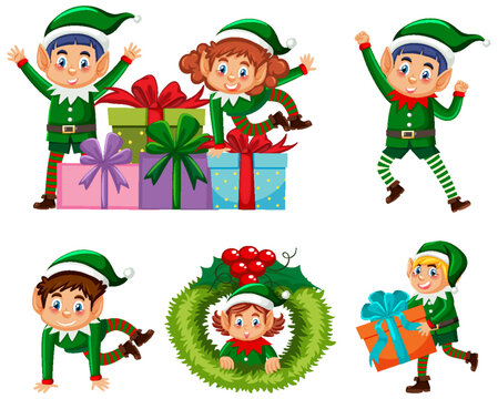 Set of Christmas elves in cartoon style