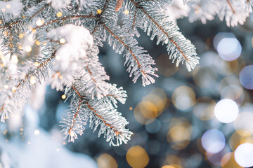 Outdoors christmas tree branch with needles covered with ice.