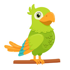 Green parrot bird standing on branch. Flat cartoon character isolated on white. © Elena