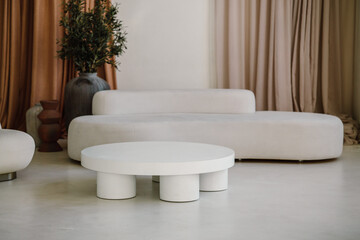 Fragment of a living room in a modern minimalist style, an arch, an armchair, a shelf, a sofa and a coffee table