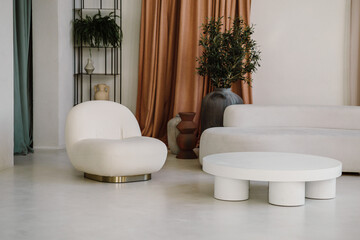 Fragment of a living room in a modern minimalist style, an arch, an armchair, a shelf, a sofa and a coffee table