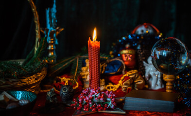 Concept of Christmas atmosphere, divination, fate predictions, magical ball and other magic. Illustration of magical Holidays aesthetic