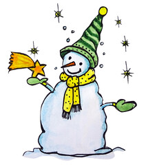 Pupazzo di neve con stella cometa, giocoliere, illustrazione isolata su sfondo trasparente