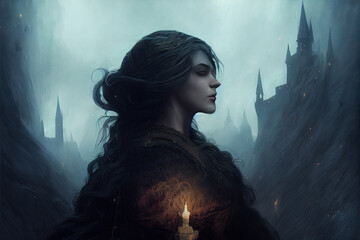 Fototapeta premium medieval,castle, magic, dark aesthetics, ghost, candles, woman, art illustration