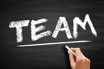 TEAM - Timely, Effective, Accurate, Motivate or Together Everyone Achieves More acronym text on blackboard