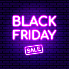 Fototapeta na wymiar Black Friday design in fashionable neon style for advertising, banners, leaflets and flyers. Text is in pink color. On brick wall background. Vector illustration. 