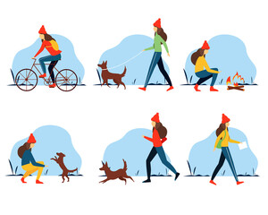 Winter set. Young woman doing different outdoor activities: running, cycling, walking with dog, traveling. Active and healthy lifestyle concept.